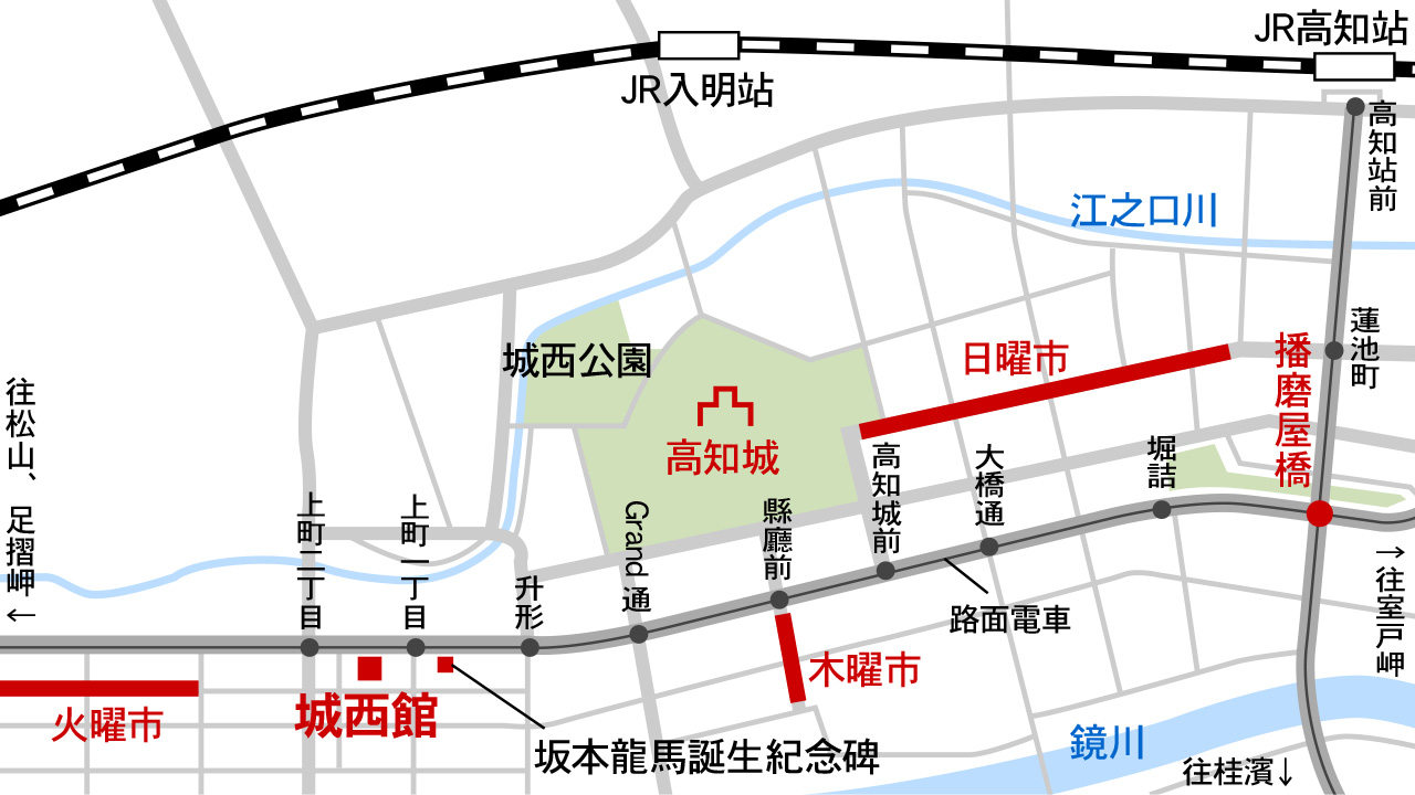 高知縣街道城市（週日市場，週四市，週二市）信息